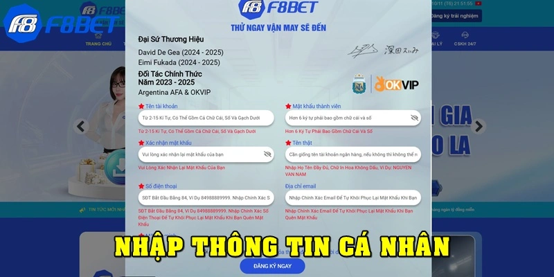 Nhập thông tin cá nhân khi đăng ký F8bet